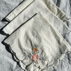 Set Of 3 Vintage Floral Embroidered Linen Napkins